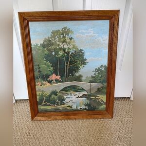 Vintage Paint By Number Framed Garden Bridge River